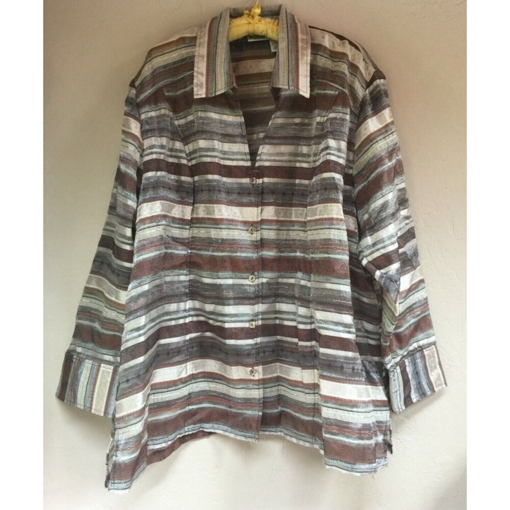 Units Woman 3X Long Sleeves Casual Shirt Top Striped Brown Button Down Side Slit